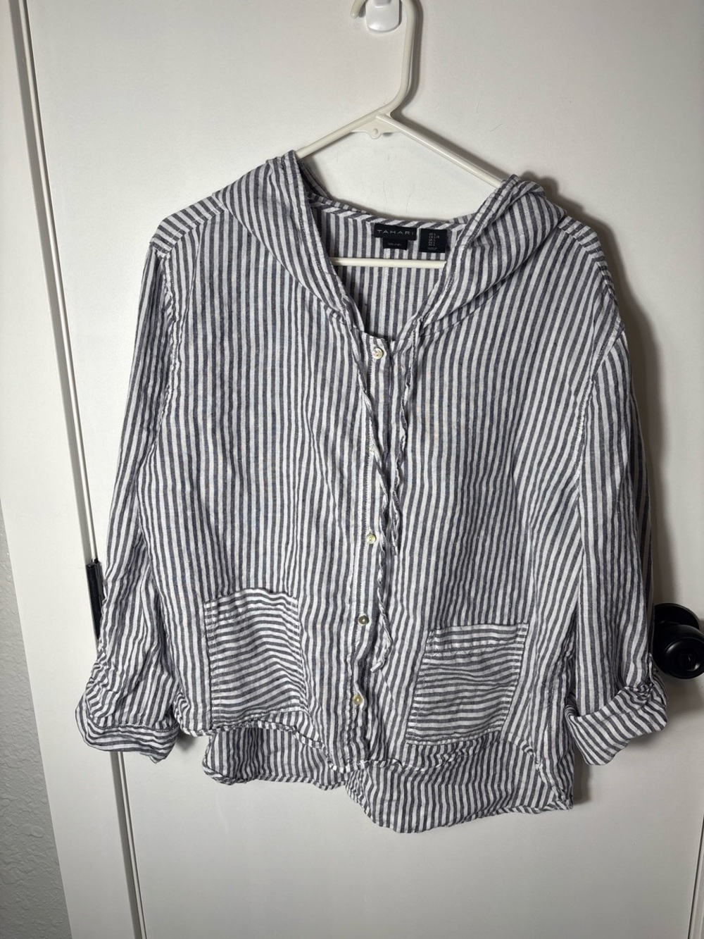 Tahari Lrg 100% Linen Hooded Striped Button Front Nautical Lagen Coastal Top